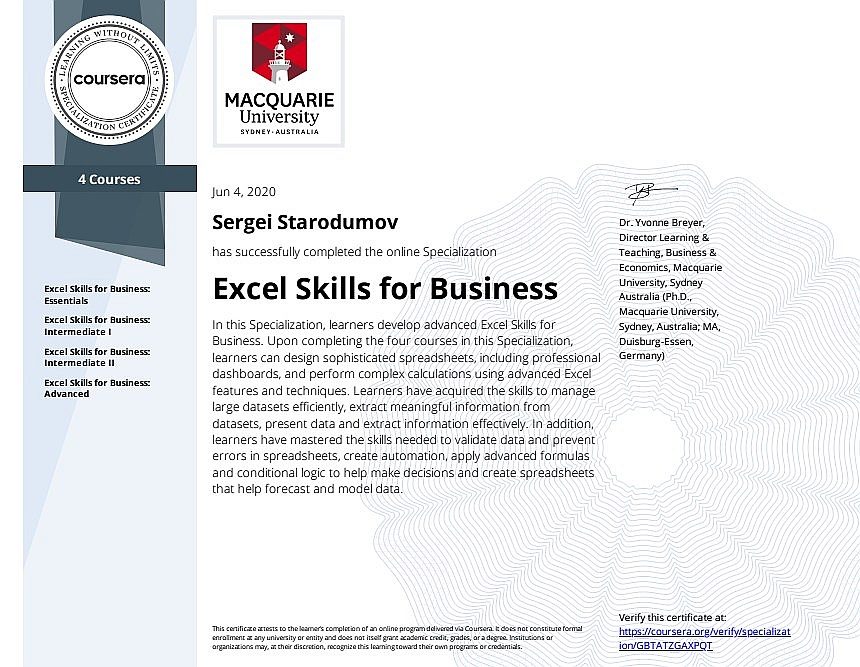 Excel Skills for Business certificate preview