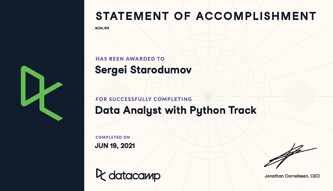 Data Analyst with Python certificate preview