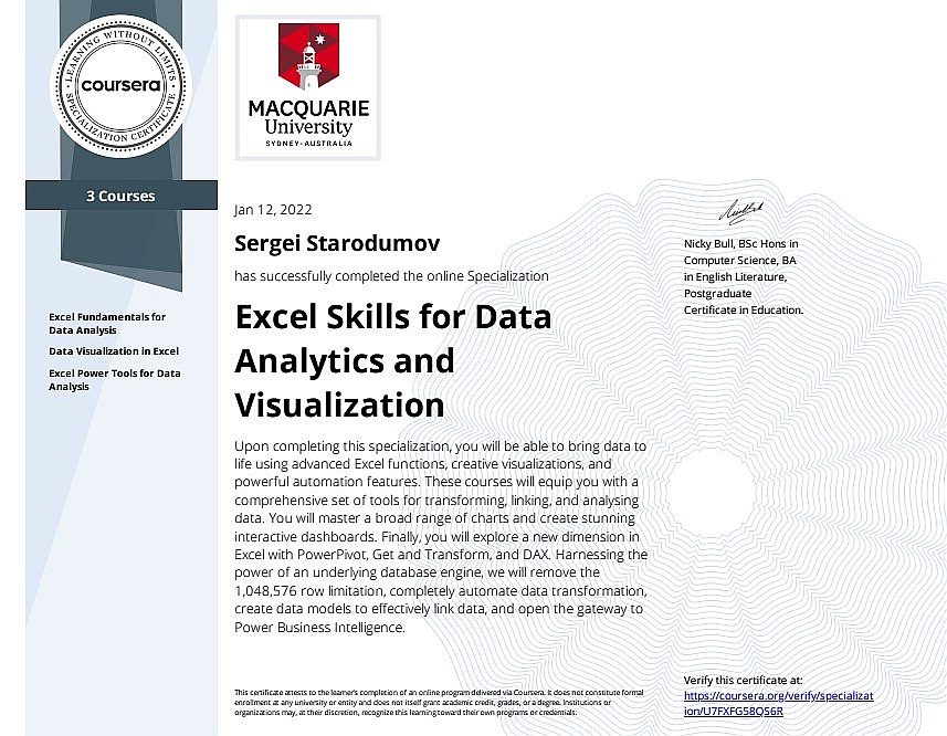 Excel Skills for Data Analytics and Visualization certificate preview